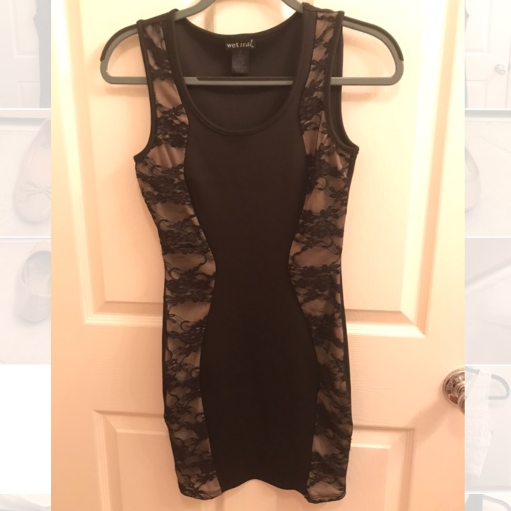 Black dress with lace detailing, very flattering!